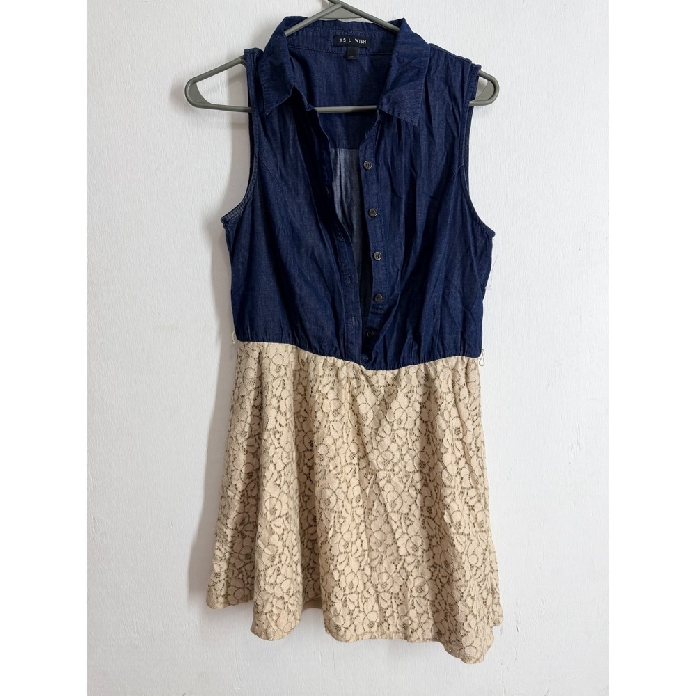 As U Wish Denim and Lace Sleeveless Dress Blue Cream Mixed Media Boho Mini L